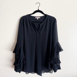 Gibson Latimer Black + Blue Polka Dot Ruffle Sleeve V Neck Blouse Shirt - Larg